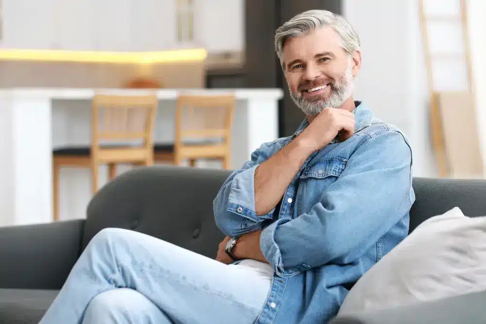 Smiling gray-haired man in a denim shirt, seated on a sofa